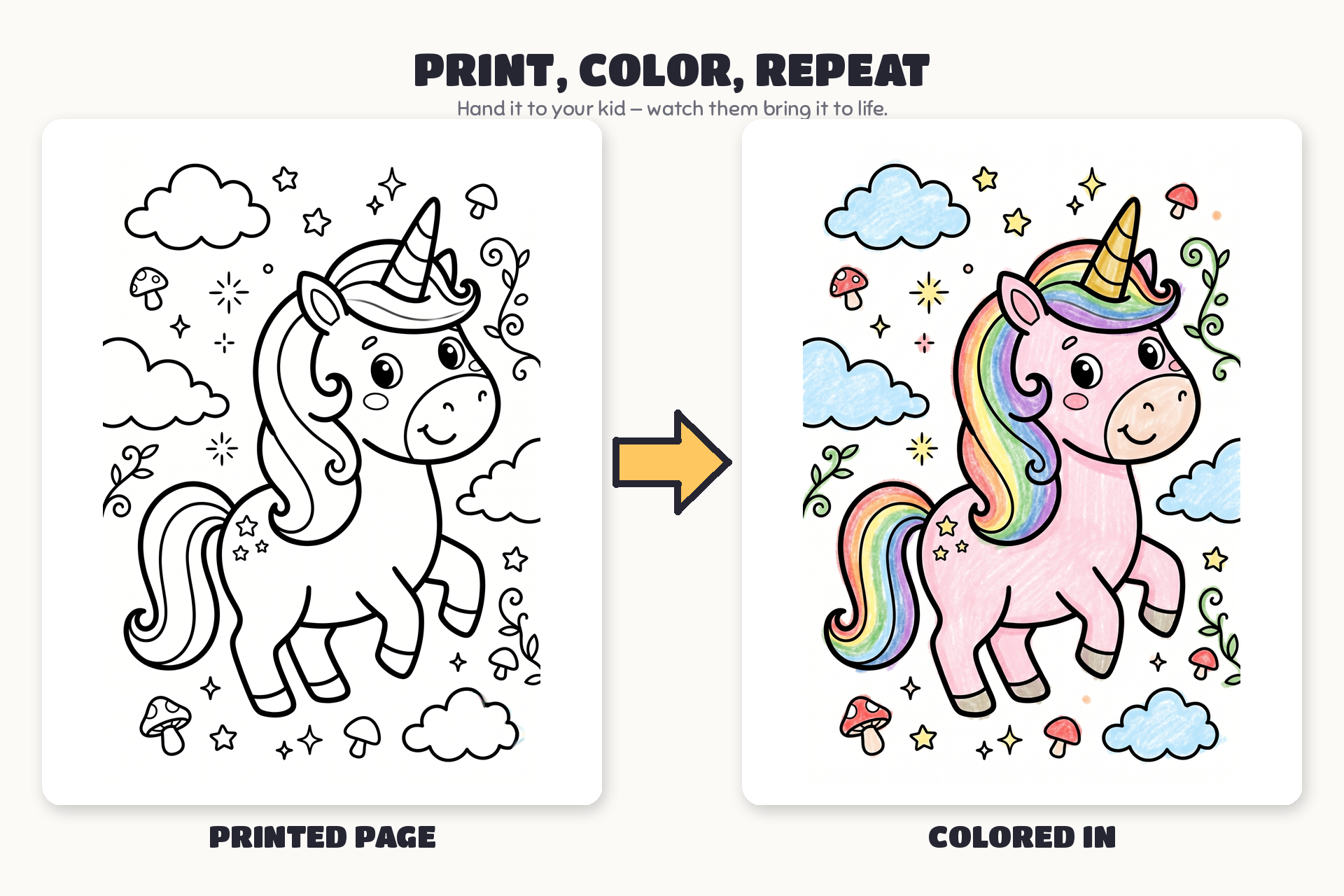 Before-and-after example: a printed unicorn page next to the same unicorn fully colored in